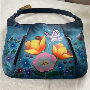NWOT Anuschka Multicolor Floral and Butterfly Shoulder Bag